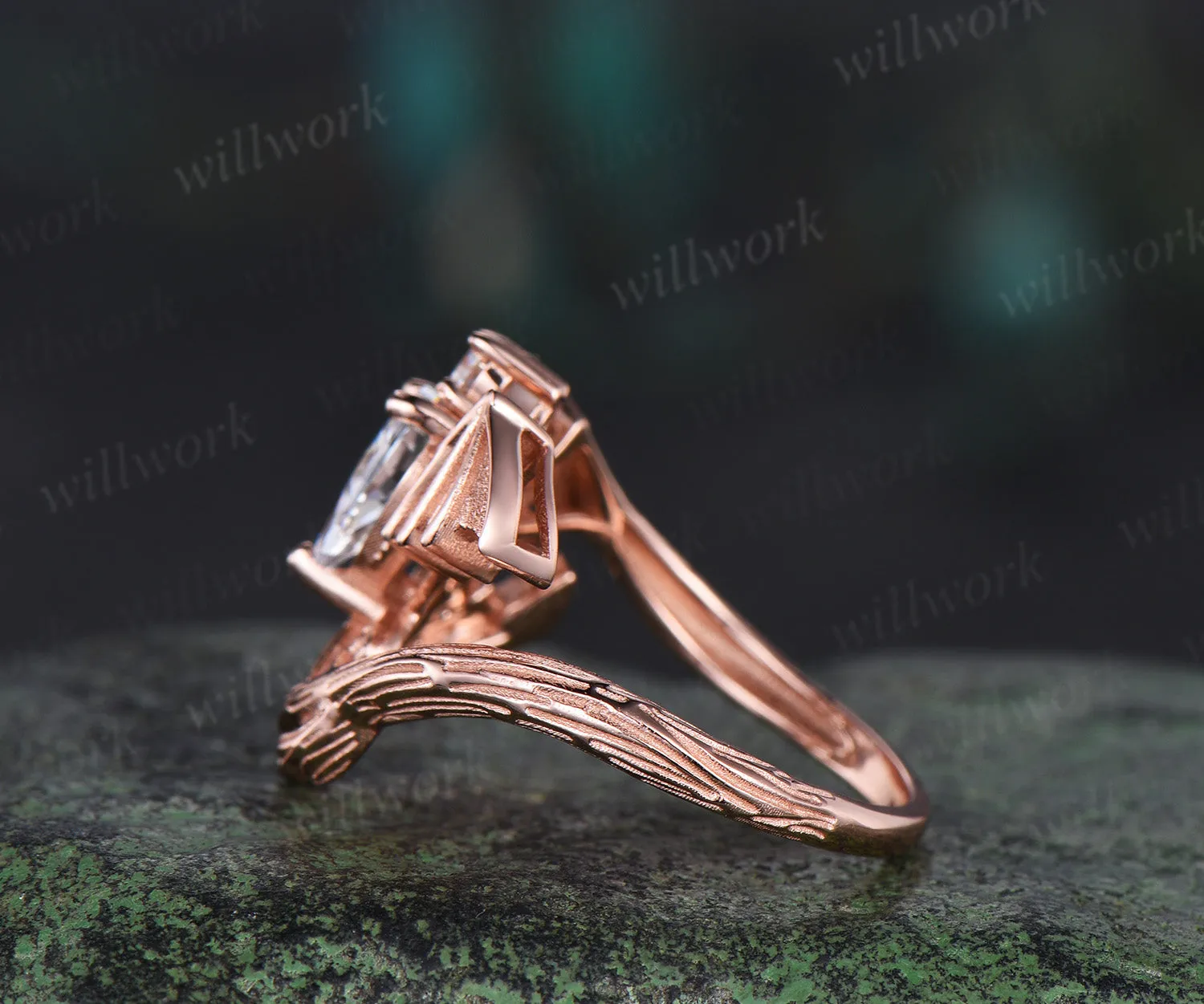 Pear shaped moissanite ring vintage rose gold moon bat engagement ring 14k rose gold retro leaf star diamond promise wedding ring women sold by Willwork Jewelry product image thumbnail 5