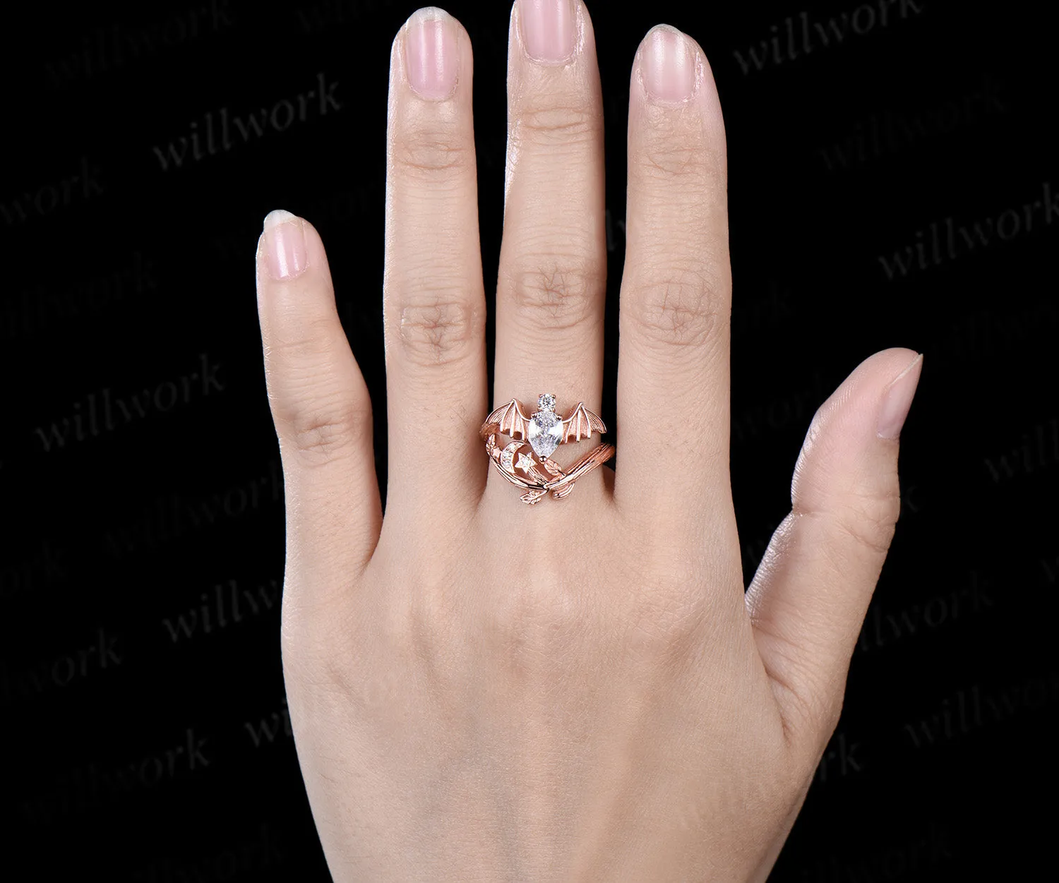 Pear shaped moissanite ring vintage rose gold moon bat engagement ring 14k rose gold retro leaf star diamond promise wedding ring women sold by Willwork Jewelry product image thumbnail 3