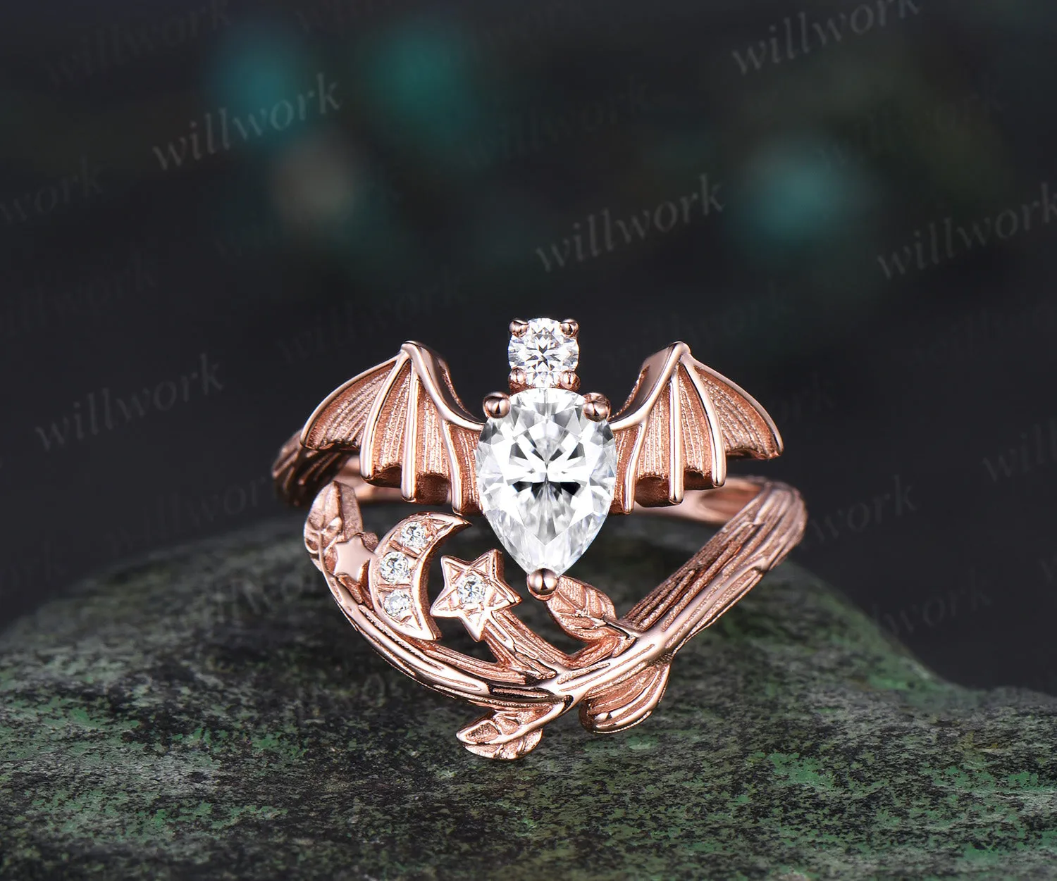 Pear shaped moissanite ring vintage rose gold moon bat engagement ring 14k rose gold retro leaf star diamond promise wedding ring women sold by Willwork Jewelry