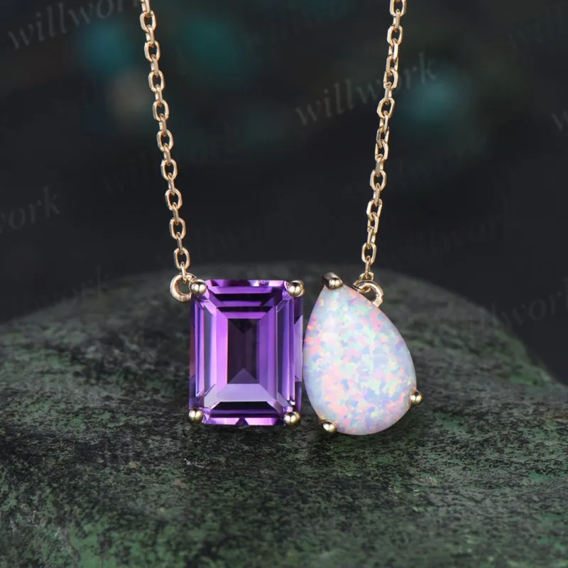 Emerald cut amethyst and pear opal necklace solid 14k rose gold unique two stone pendant women anniversary gift mother sold by Willwork Jewelry