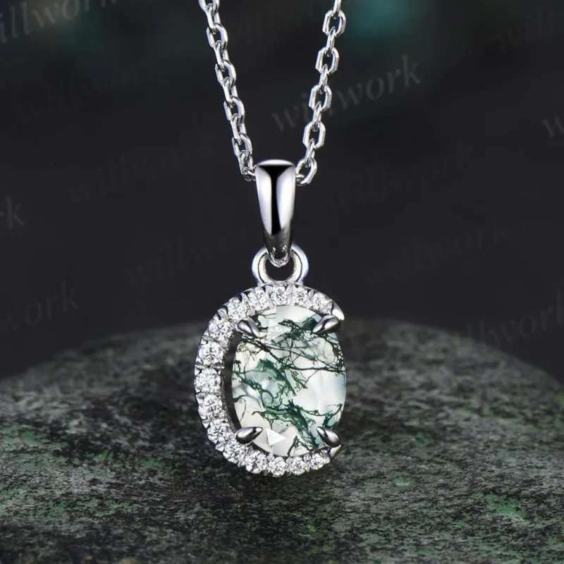 Vintage oval cut moss agate necklace 14k rose gold Personalized half moon halo diamond unique Pendant women wedding anniversary gift sold by Willwork Jewelry