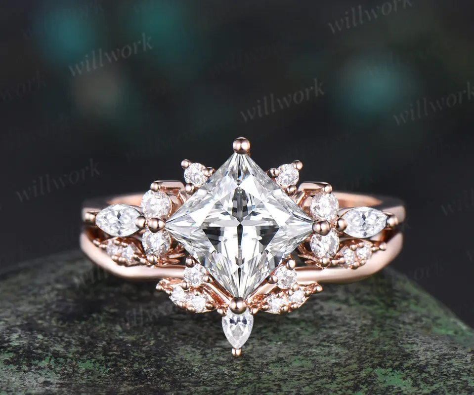 Pincess cut moissanite engagement ring set cluster diamond 14k rose gold ring women stacking unique promise wedding ring set sold by Willwork Jewelry