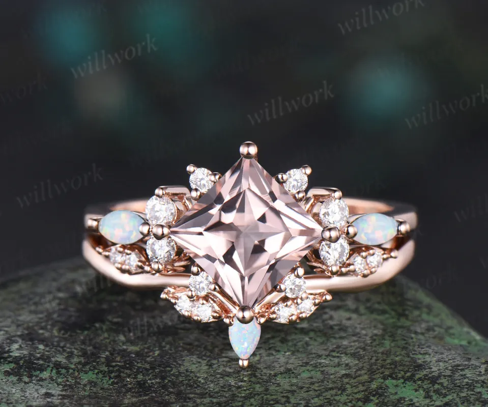 Pincess cut morganite engagement ring set cluster diamond rose gold opal ring women stacking promise wedding ring set made by Willwork Jewelry
