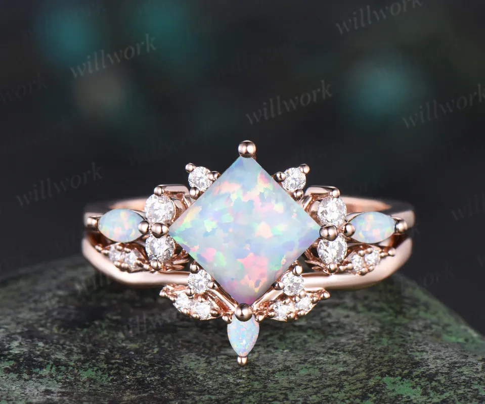 Square white opal engagement ring set cluster diamond rose gold ring women stacking promise wedding ring set sold by Willwork Jewelry