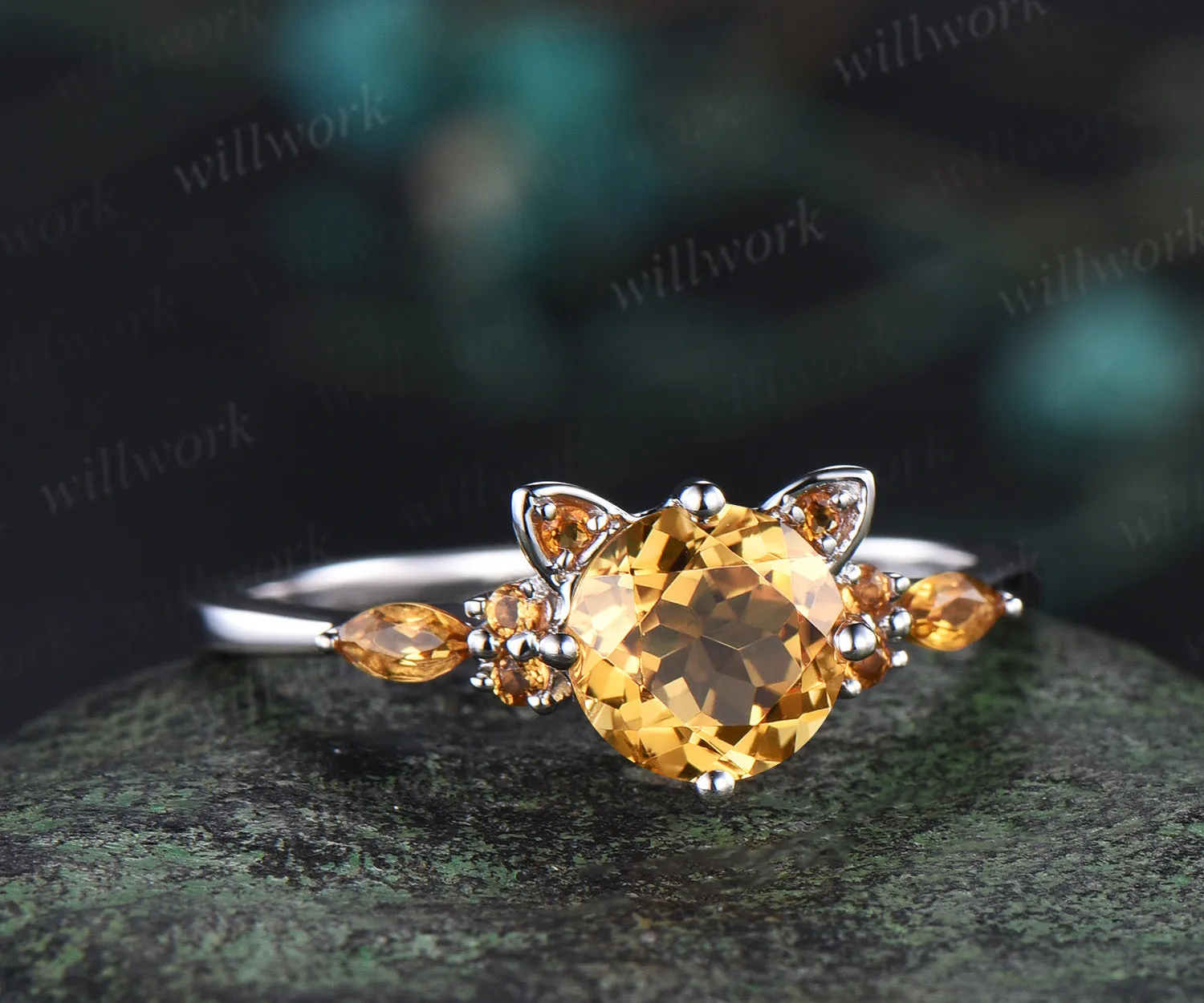 Round yellow citrine Cat Engagement Ring 14K white Gold Animal Cat Shaped Wedding Promise Ring Peekaboo Kitten Unique Gifts for Cat Lover sold by Willwork Jewelry product image thumbnail 2