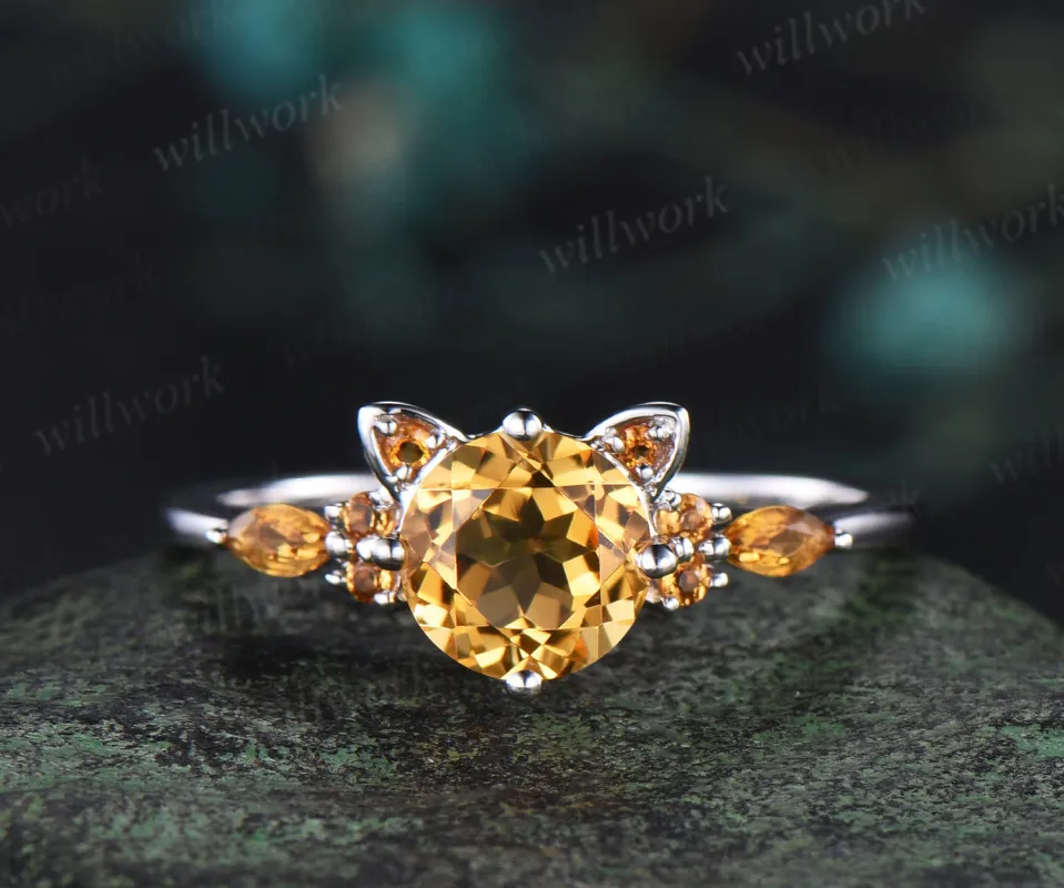 Round yellow citrine Cat Engagement Ring 14K white Gold Animal Cat Shaped Wedding Promise Ring Peekaboo Kitten Unique Gifts for Cat Lover sold by Willwork Jewelry