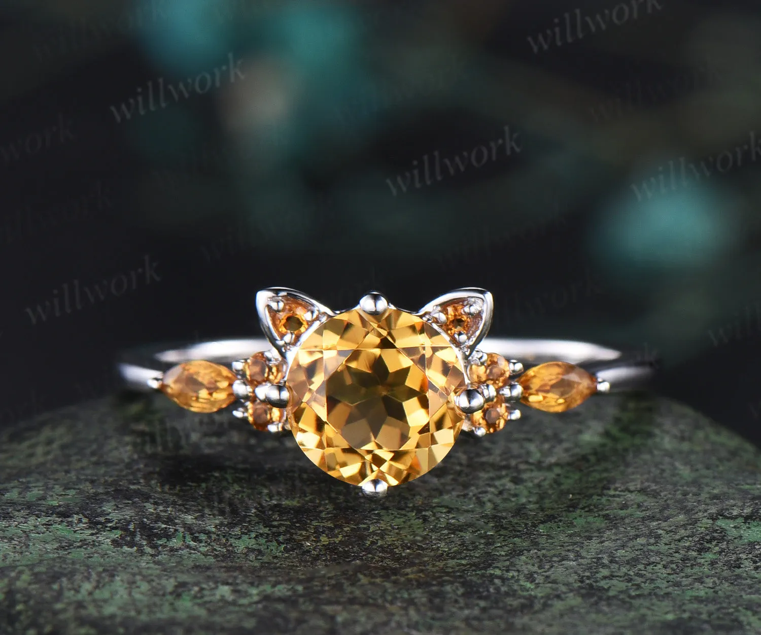 Round yellow citrine Cat Engagement Ring 14K white Gold Animal Cat Shaped Wedding Promise Ring Peekaboo Kitten Unique Gifts for Cat Lover sold by Willwork Jewelry