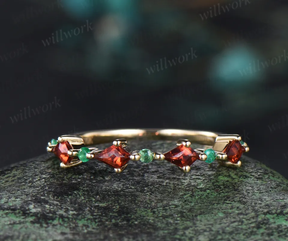 Kite Garnet Half Eternity Wedding Band Emerald Wedding Ring Red Stone Ring Vintage Rose Gold Silver Ring Women Minimalist Anniversary Rings sold by Willwork Jewelry