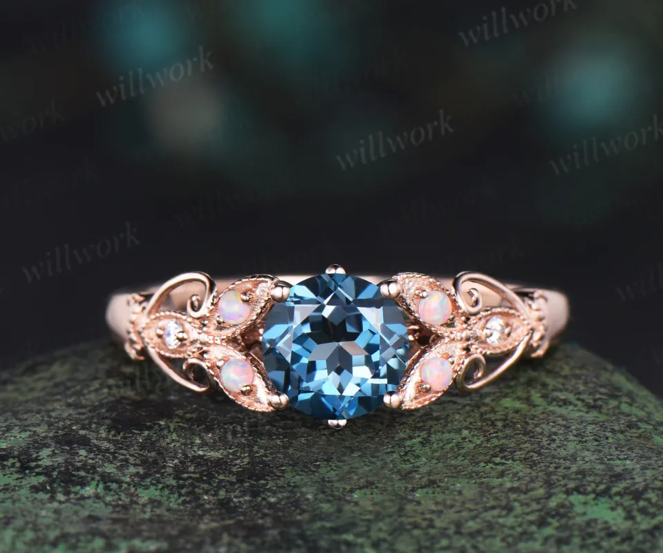 Round cut London blue topaz engagement ring vintage butterfly opal ring women 14k rose gold Milgrain diamond promise anniversary gift sold by Willwork Jewelry