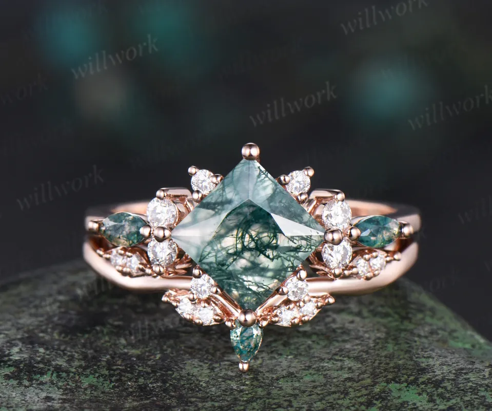 Pincess cut moss agate engagement ring set cluster diamond rose gold ring women stacking promise wedding ring set sold by Willwork Jewelry