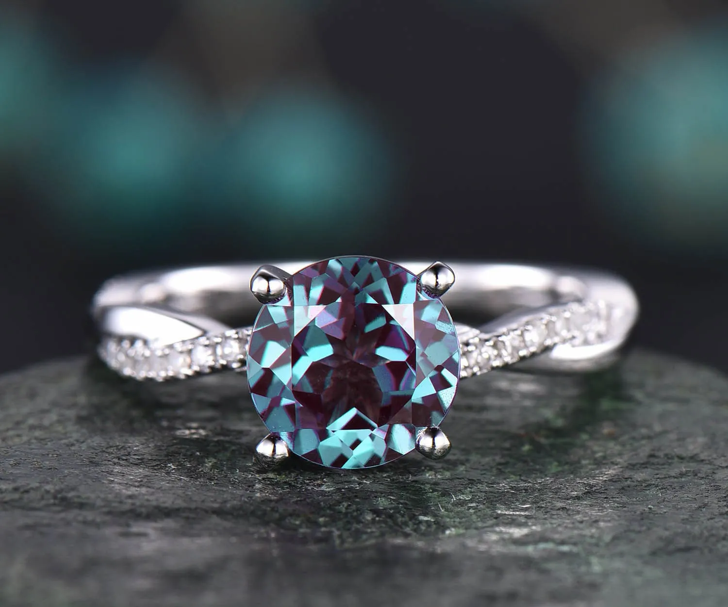 7mm round cut Alexandrite engagement ring solid 14k rose gold twisted real diamond ring Alexandrite ring vintage bridal wedding promise ring sold by Willwork Jewelry product image thumbnail 5