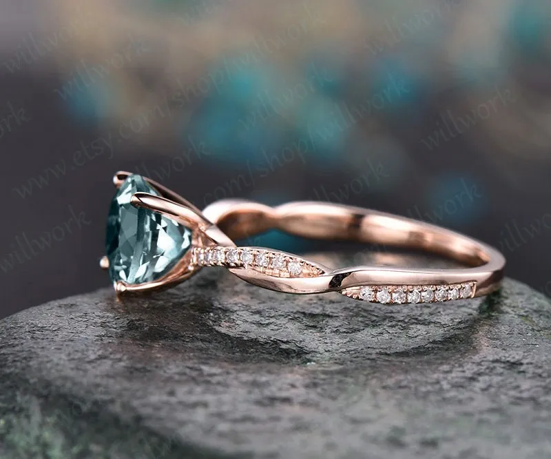 7mm round cut Alexandrite engagement ring solid 14k rose gold twisted real diamond ring Alexandrite ring vintage bridal wedding promise ring sold by Willwork Jewelry product image thumbnail 3