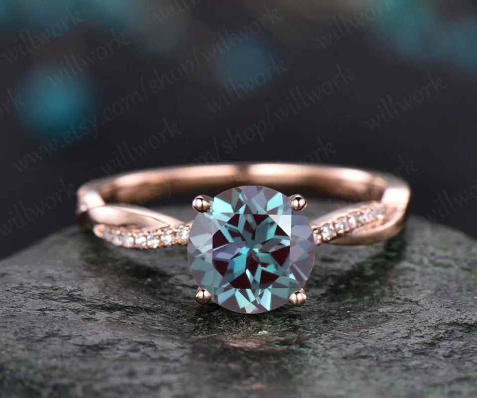7mm round cut Alexandrite engagement ring solid 14k rose gold twisted real diamond ring Alexandrite ring vintage bridal wedding promise ring sold by Willwork Jewelry