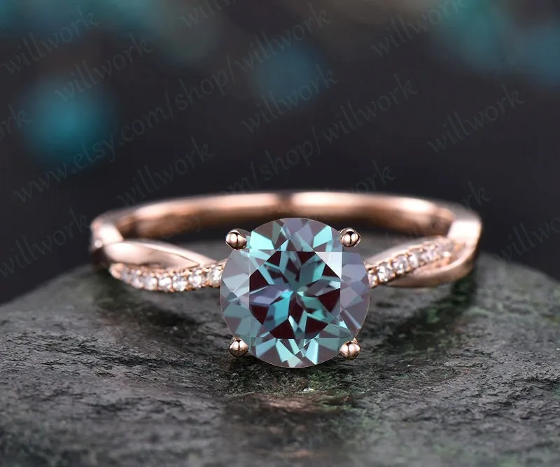 7mm round cut Alexandrite engagement ring solid 14k rose gold twisted real diamond ring Alexandrite ring vintage bridal wedding promise ring sold by Willwork Jewelry