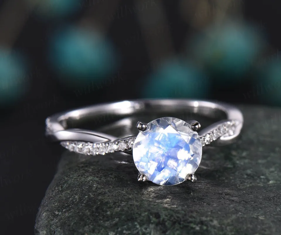 Vintage unique engagement ring round rainbow moonstone engagement ring 14k white gold twisted real diamond ring birthday anniversary gift sold by Willwork Jewelry