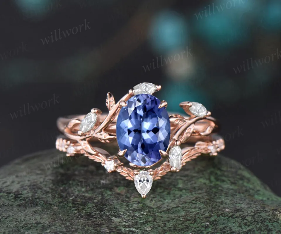 Vintage oval cut Tanzanite engagement ring 14k rose gold leaf nature inspired ring women unique cluster diamond bridal wedding ring set sold by Willwork Jewelry