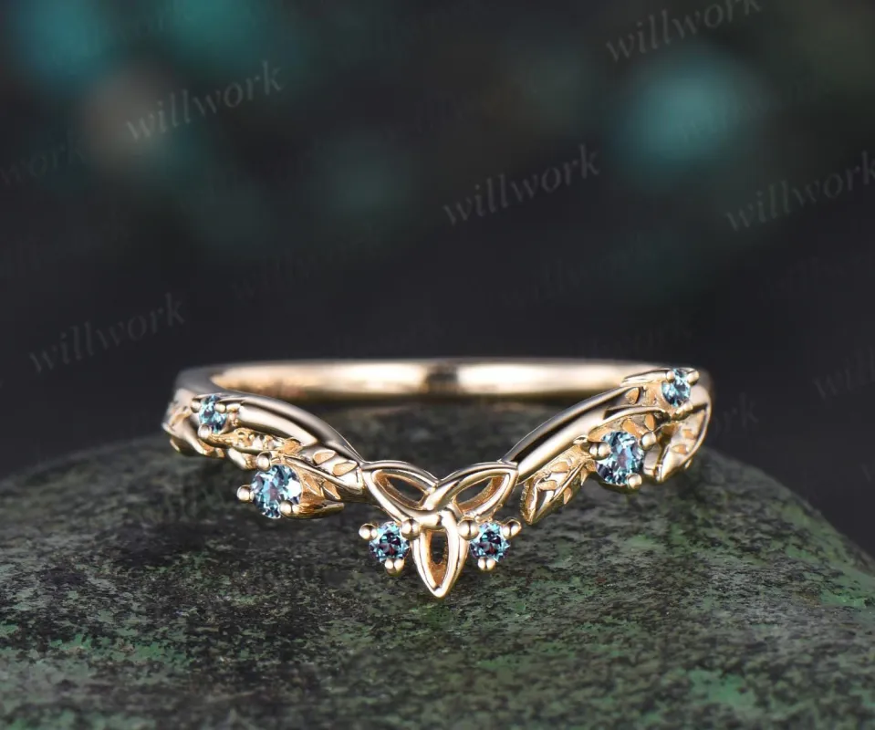 Celtic knot leaf Alexandrite wedding band solid 14k yellow gold stacking matching bridal anniversary ring gift Norse Viking Jewelry made by Willwork Jewelry