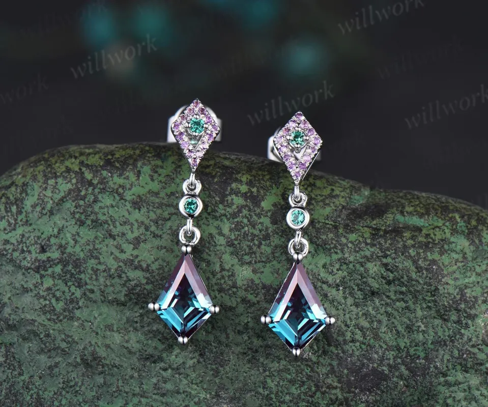 Vintage kite cut alexandrite earrings solid 14k white gold halo amethyst drop earrings women dainty emerald anniversary gift for her sold by Willwork Jewelry