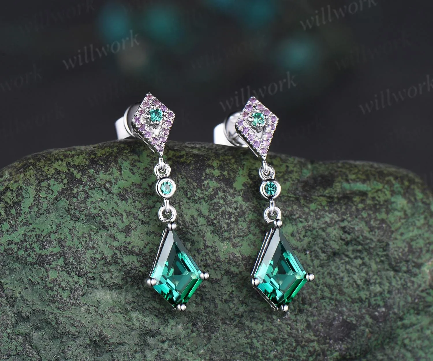 Vintage kite cut green emerald earrings solid 14k white gold halo amethyst drop earrings women dainty anniversary gift for her sold by Willwork Jewelry product image thumbnail 2