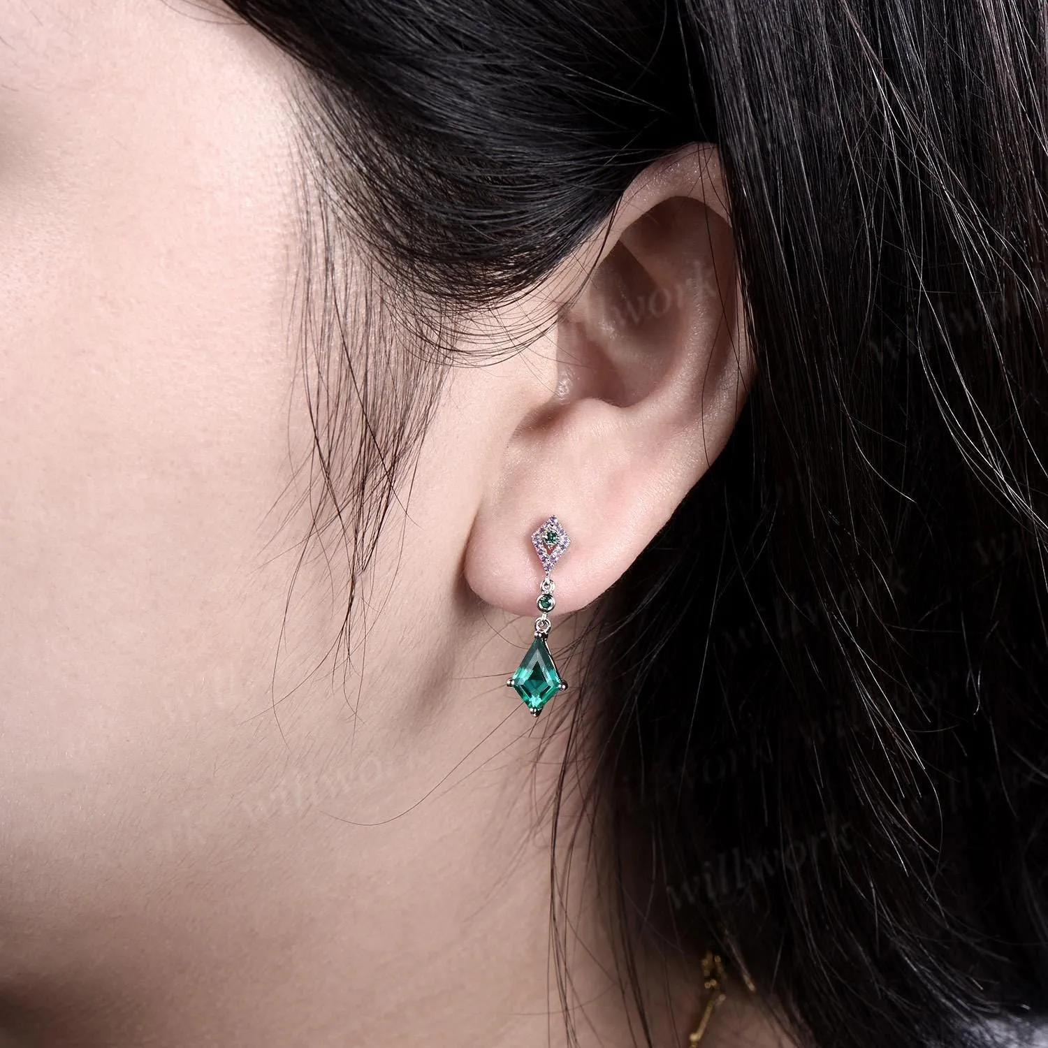 Vintage kite cut green emerald earrings solid 14k white gold halo amethyst drop earrings women dainty anniversary gift for her sold by Willwork Jewelry product image thumbnail 3