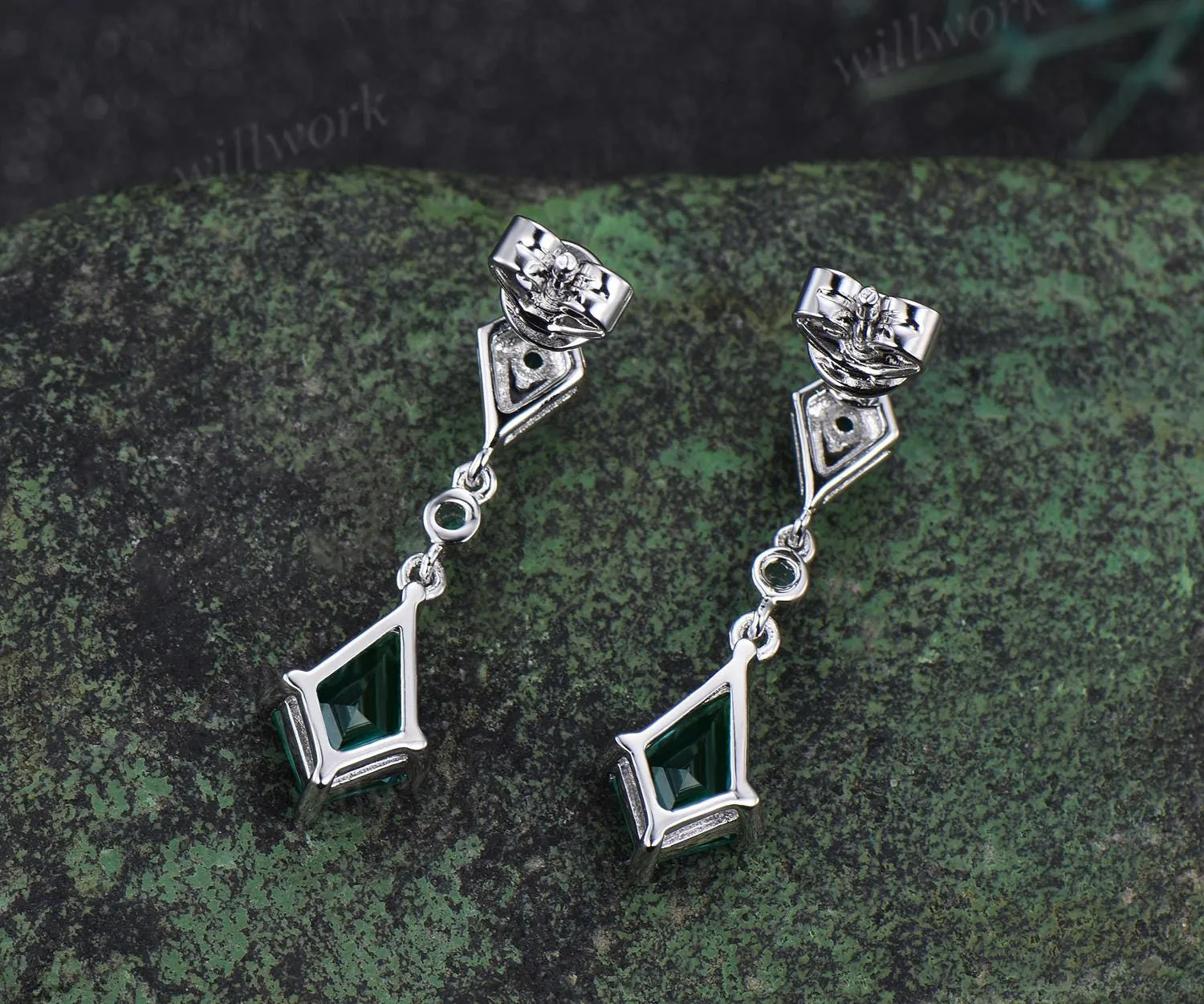 Vintage kite cut green emerald earrings solid 14k white gold halo amethyst drop earrings women dainty anniversary gift for her sold by Willwork Jewelry product image thumbnail 4