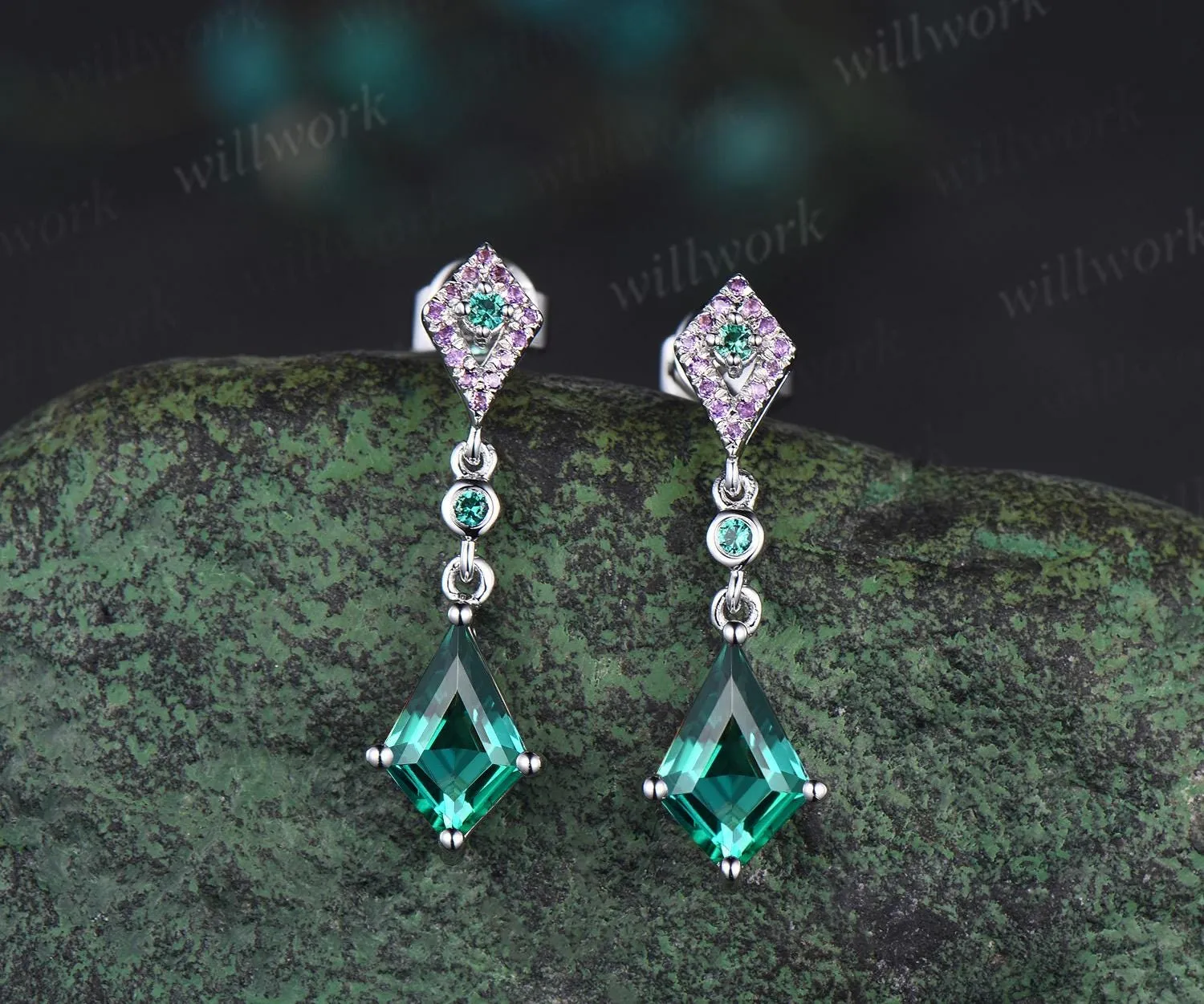 Vintage kite cut green emerald earrings solid 14k white gold halo amethyst drop earrings women dainty anniversary gift for her sold by Willwork Jewelry