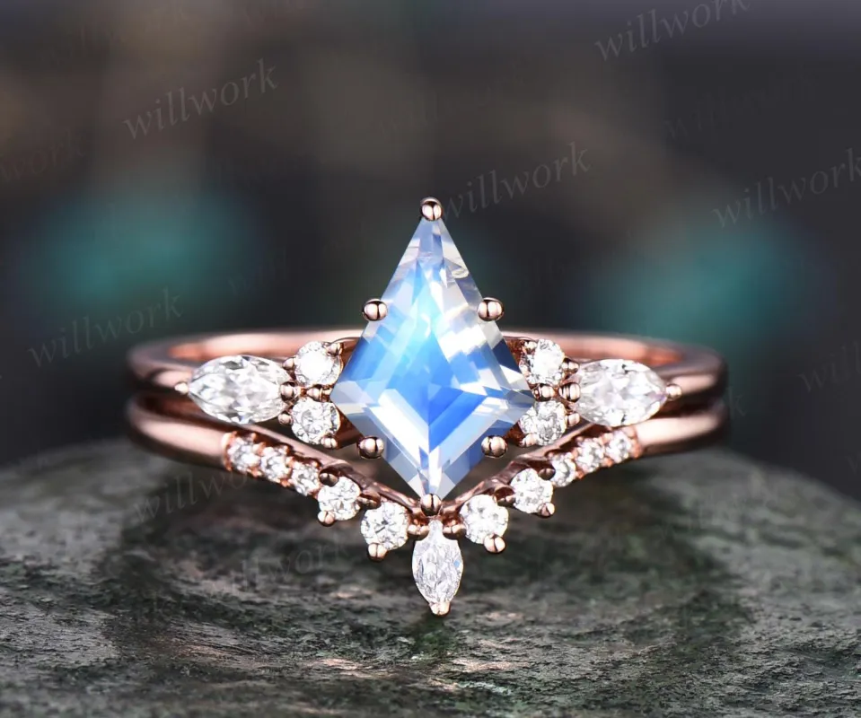 Vintage kite cut natural moonstone engagement ring set 14k rose gold 6 prong marquise cut diamond ring  women unique bridal wedding ring set sold by Willwork Jewelry