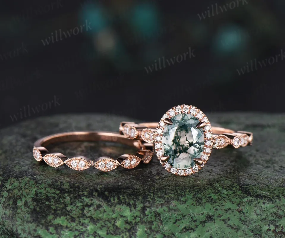 Vintage oval cut green moss agate engagement ring solid 14k rose gold half eternity marquise milgrain halo diamond bridal ring women jewelry sold by Willwork Jewelry