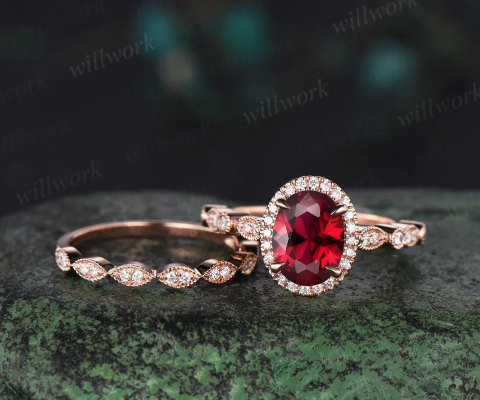 Vintage oval cut red ruby engagement ring solid 14k rose gold half eternity marquise milgrain halo diamond anniversary ring women gift sold by Willwork Jewelry