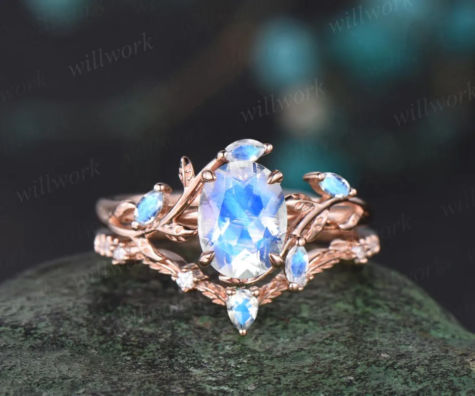 Vintage oval cut moonstone engagement ring rose gold art deco cluster leaf nature inspired moissanite bridal promise wedding ring set women sold by Willwork Jewelry