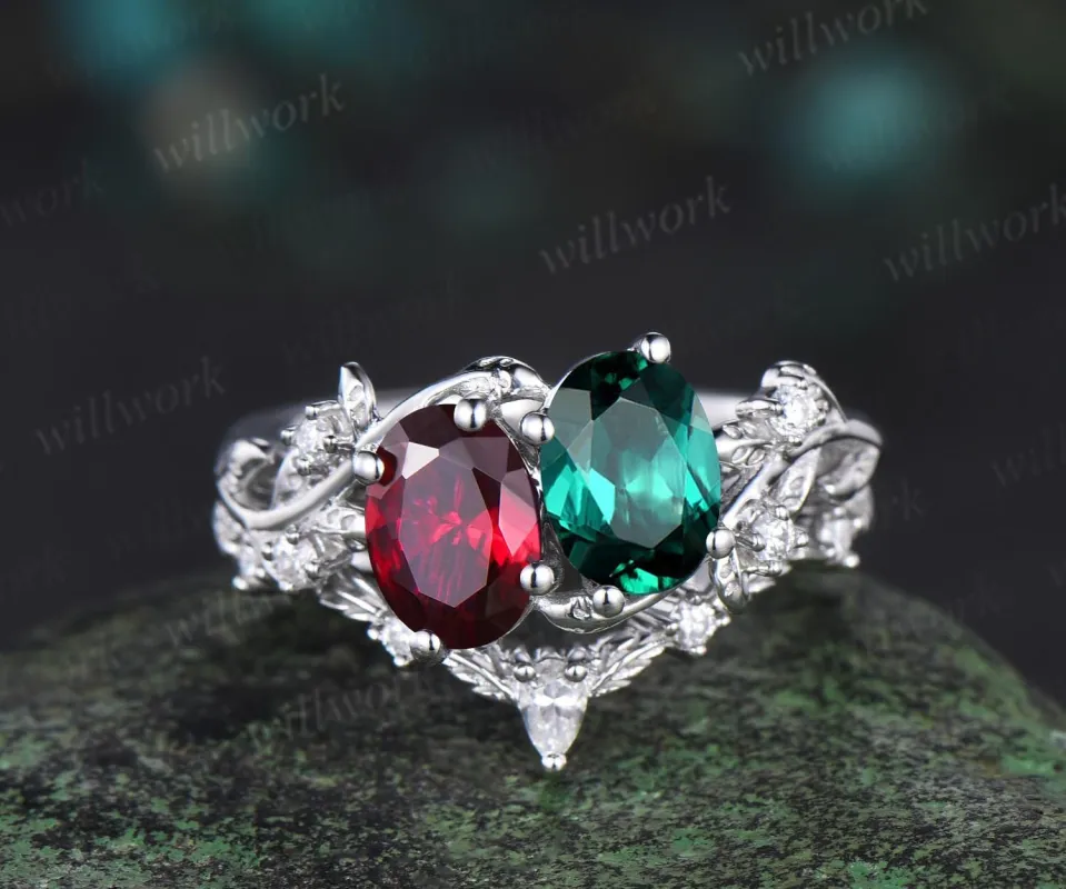 Two stone oval emerald ruby engagement ring 14k white gold leaf diamond bridal set Toi et Moi ring set women jewelry sold by Willwork Jewelry