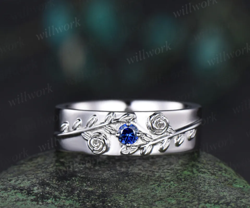 Round blue sapphire mens wedding band solid 14k white gold leaf floral wedding ring unique anniversary ring gift nature inspired Engagement Ring sold by Willwork Jewelry