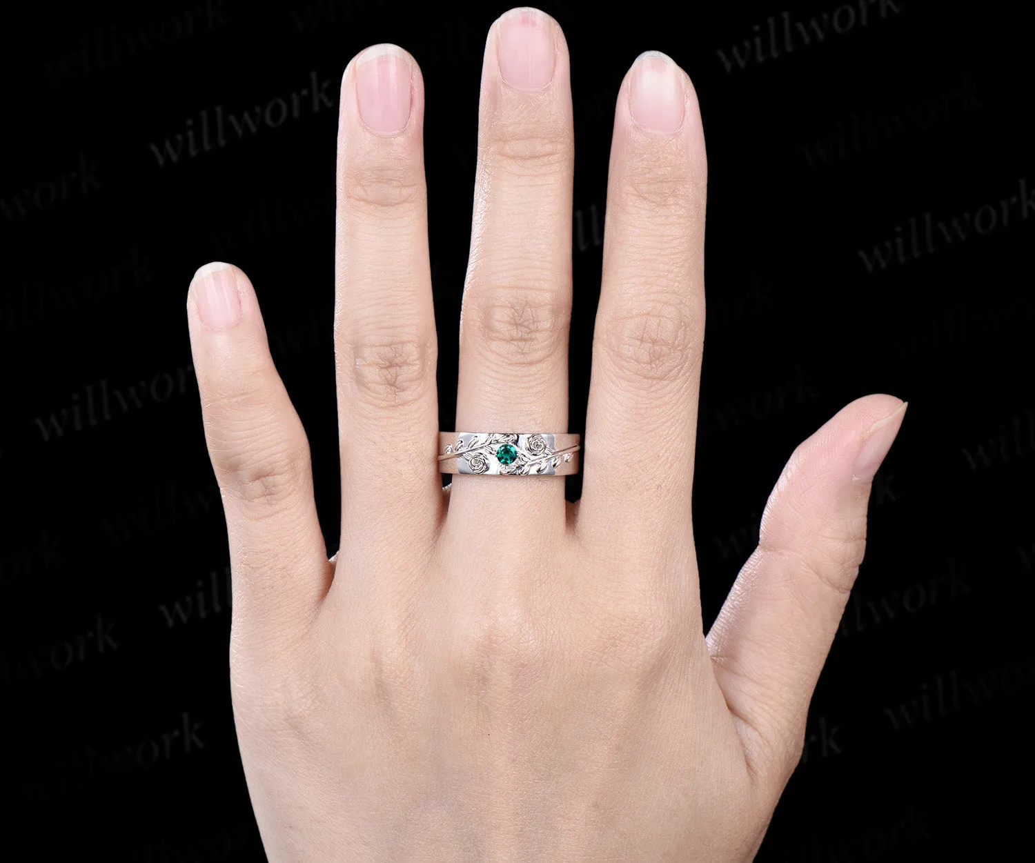 Round green emerald mens wedding band solid 14k white gold leaf floral wedding ring unique anniversary ring gift nature inspired Engagement Ring sold by Willwork Jewelry product image thumbnail 3
