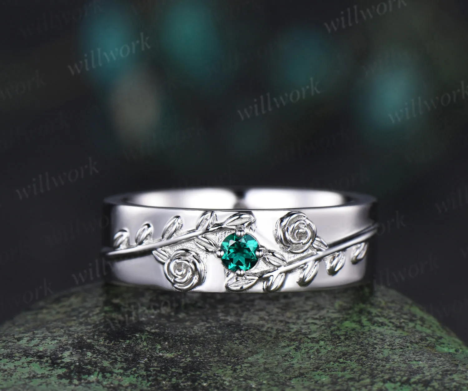 Round green emerald mens wedding band solid 14k white gold leaf floral wedding ring unique anniversary ring gift nature inspired Engagement Ring sold by Willwork Jewelry