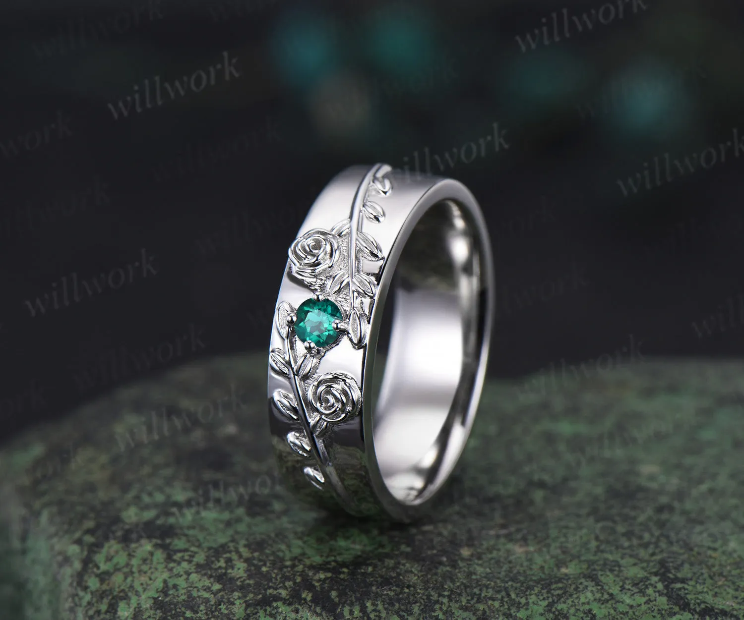 Round green emerald mens wedding band solid 14k white gold leaf floral wedding ring unique anniversary ring gift nature inspired Engagement Ring sold by Willwork Jewelry product image thumbnail 2