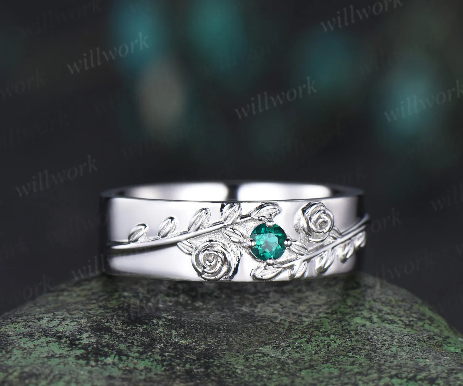 Round green emerald mens wedding band solid 14k white gold leaf floral wedding ring unique anniversary ring gift nature inspired Engagement Ring sold by Willwork Jewelry product image thumbnail 4