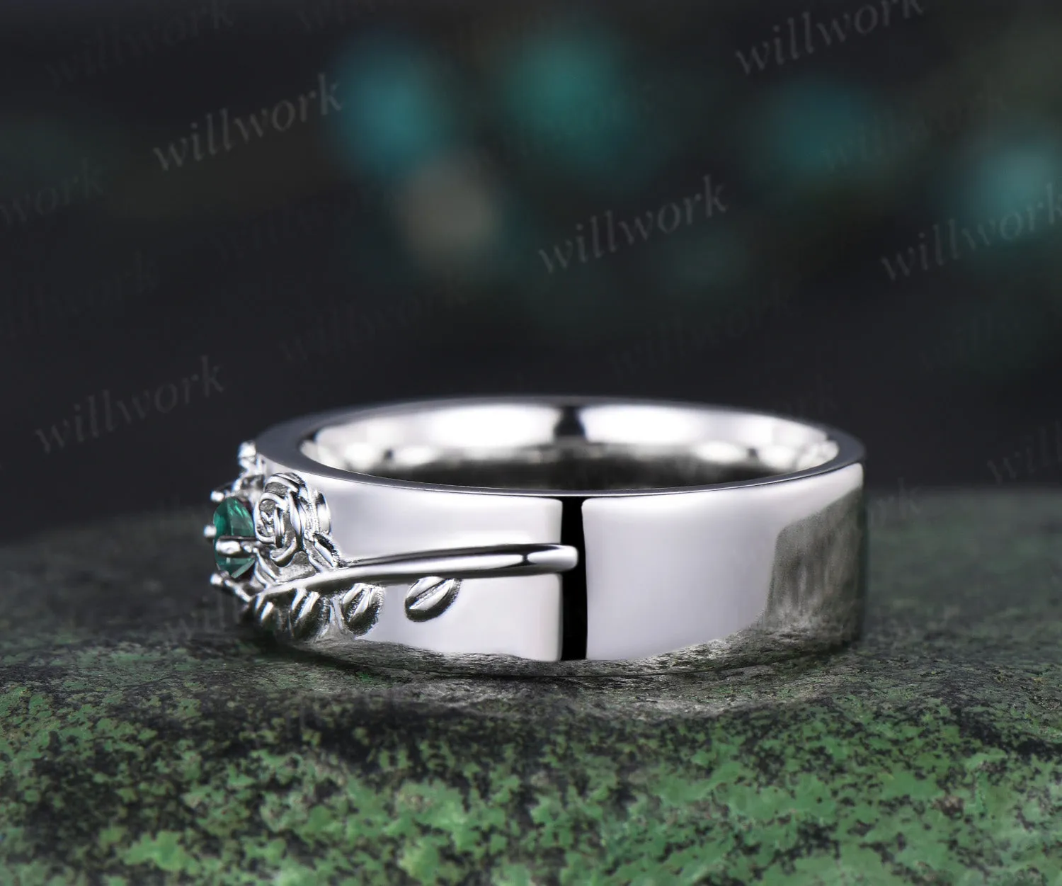 Round green emerald mens wedding band solid 14k white gold leaf floral wedding ring unique anniversary ring gift nature inspired Engagement Ring sold by Willwork Jewelry product image thumbnail 5