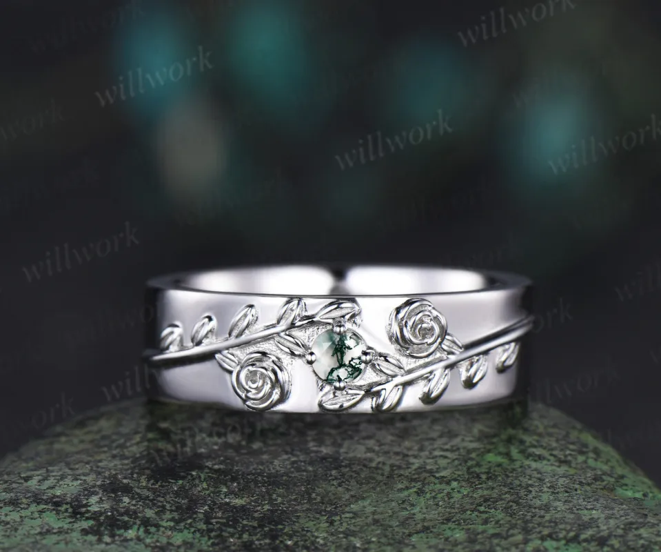 Round moss agate mens wedding band solid 14k white gold leaf floral wedding ring unique anniversary ring gift nature inspired Engagement Ring sold by Willwork Jewelry