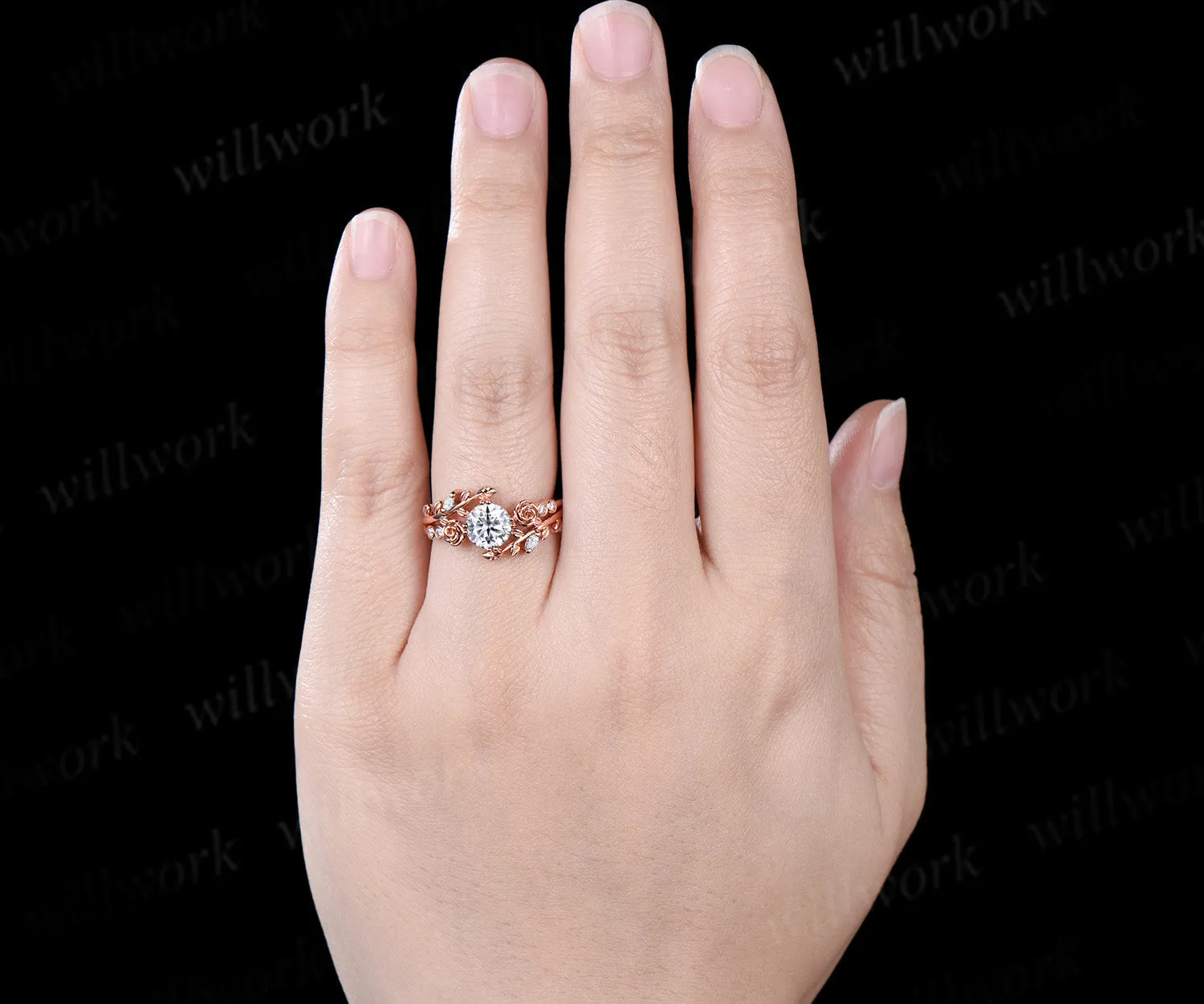 1ct round cut moissanite engagement ring floral leaf diamond ring women rose gold nature inspired promise ring her gift sold by Willwork Jewelry product image thumbnail 3