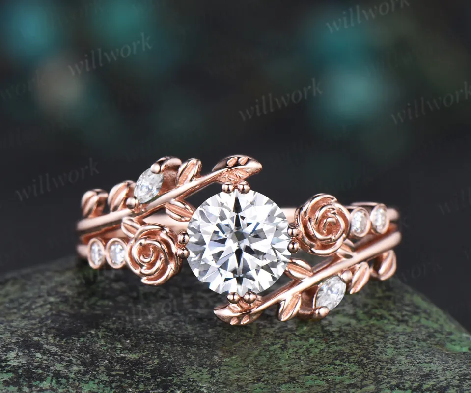 1ct round cut moissanite engagement ring floral leaf diamond ring women rose gold nature inspired promise ring her gift sold by Willwork Jewelry