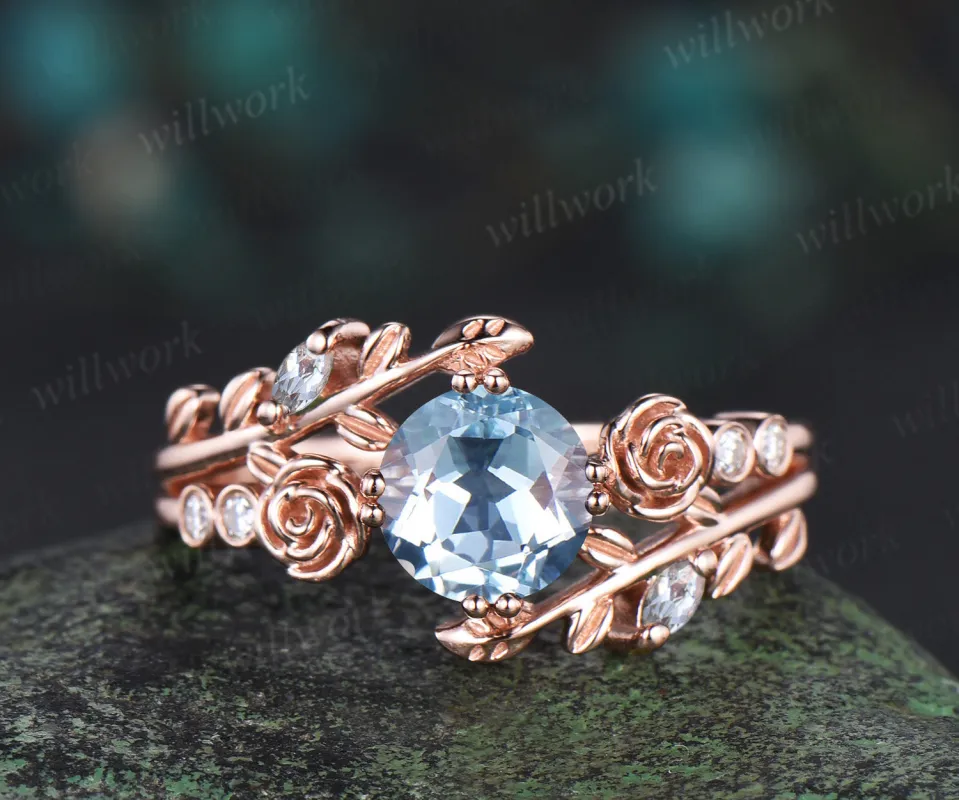 Unique round aquamarine engagement ring floral leaf diamond ring women rose gold nature inspired promise ring her gift sold by Willwork Jewelry
