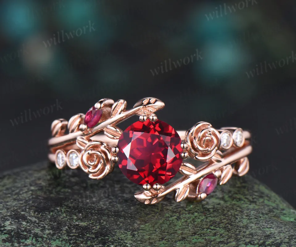 Round cut red ruby engagement ring 14k rose gold leaf floral bezel diamond ring vintage split shank 8 prong wedding ring women sold by Willwork Jewelry