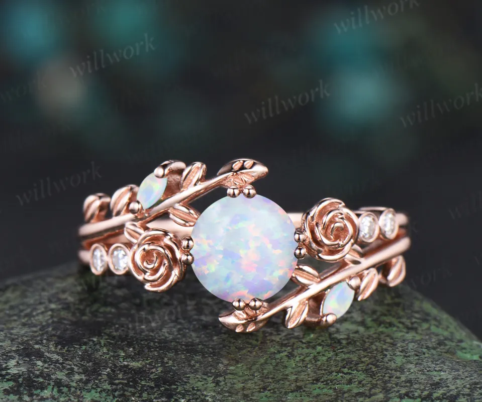 Round cut white opal engagement ring 14k rose gold leaf floral bezel diamond ring vintage split shank 8 prong wedding ring women sold by Willwork Jewelry