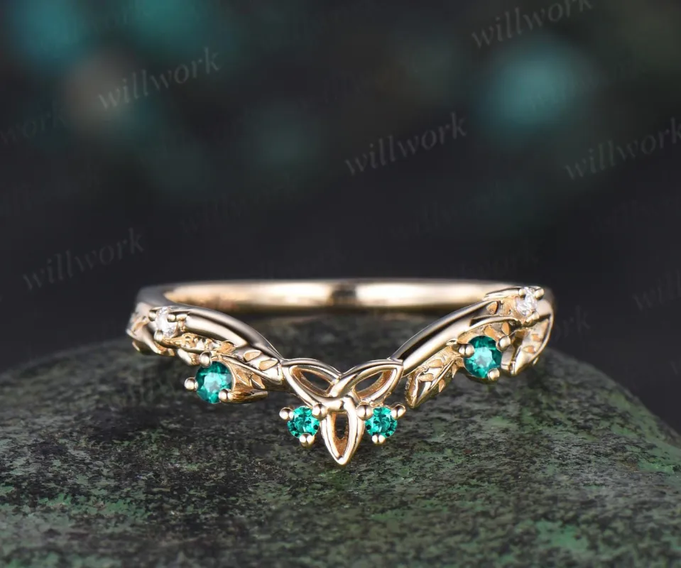 Celtic knot leaf emerald wedding band solid 14k yellow gold stacking matching moissanite bridal anniversary ring gift Norse Viking Jewelry sold by Willwork Jewelry