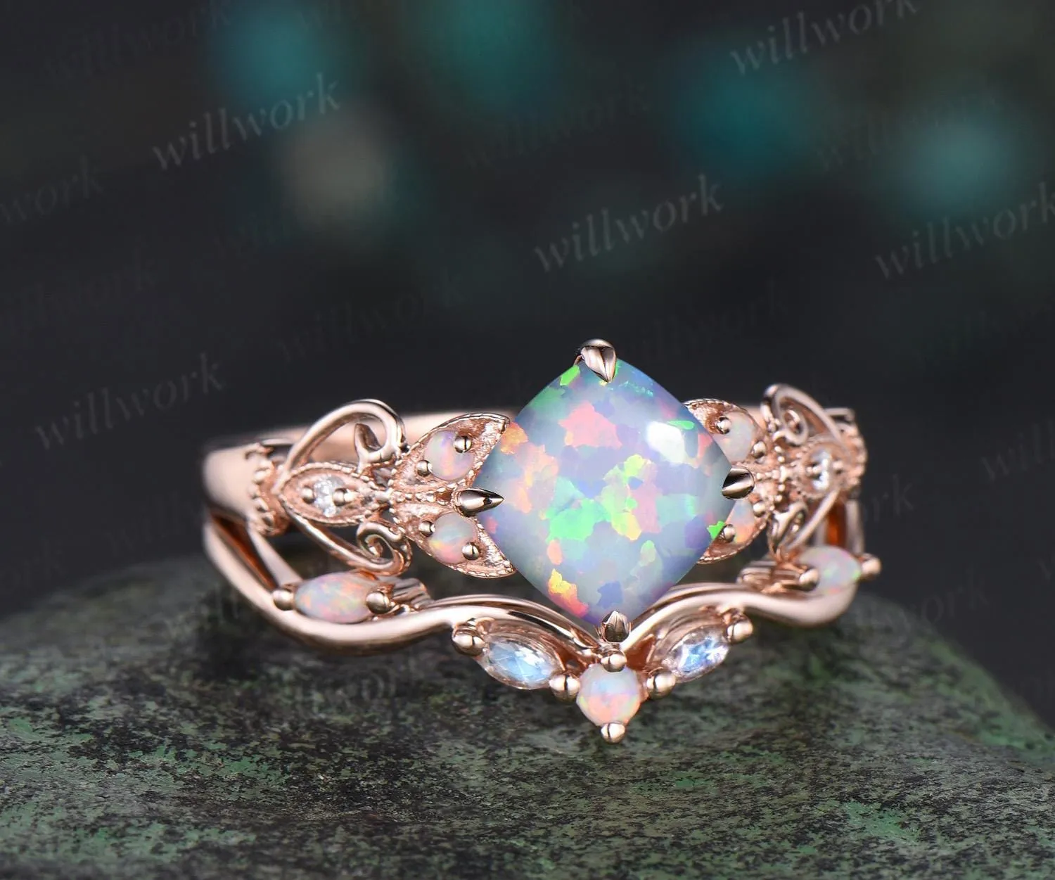 Vintage cushion white opal engagement ring set rose gold butterfly Milgrain opal ring women moonstone stacking wedding bridal set gift sold by Willwork Jewelry product image thumbnail 4