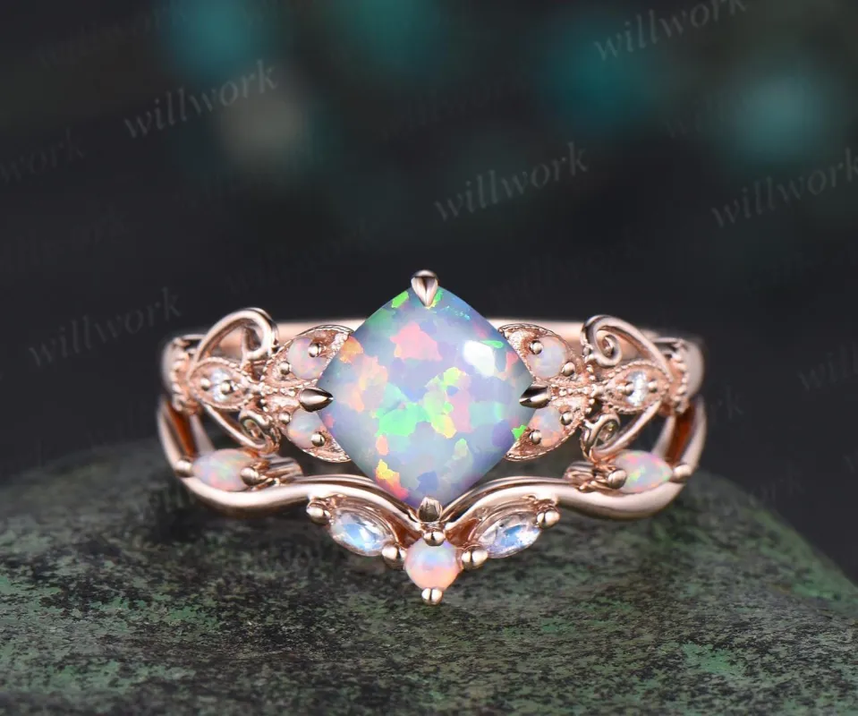 Vintage cushion white opal engagement ring set rose gold butterfly Milgrain opal ring women moonstone stacking wedding bridal set gift sold by Willwork Jewelry