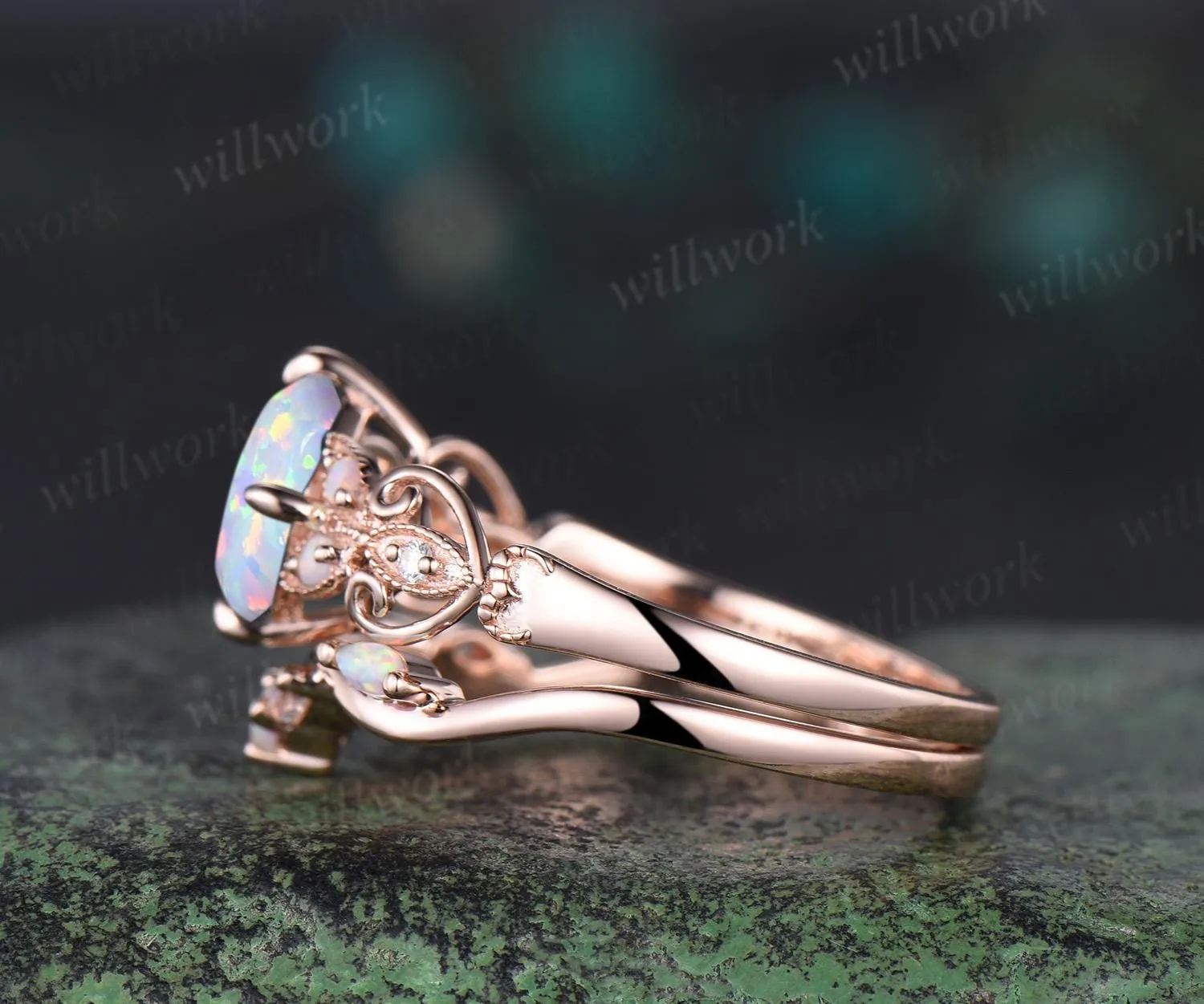 Vintage cushion white opal engagement ring set rose gold butterfly Milgrain opal ring women moonstone stacking wedding bridal set gift sold by Willwork Jewelry product image thumbnail 5