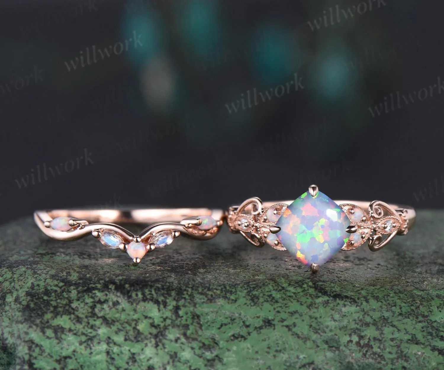 Vintage cushion white opal engagement ring set rose gold butterfly Milgrain opal ring women moonstone stacking wedding bridal set gift sold by Willwork Jewelry product image thumbnail 2