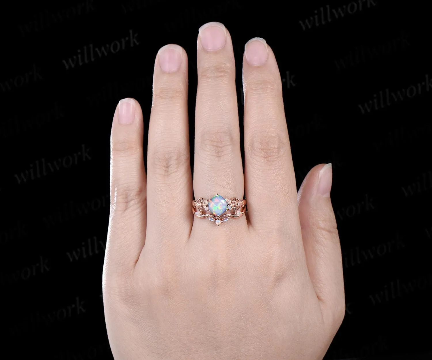 Vintage cushion white opal engagement ring set rose gold butterfly Milgrain opal ring women moonstone stacking wedding bridal set gift sold by Willwork Jewelry product image thumbnail 3