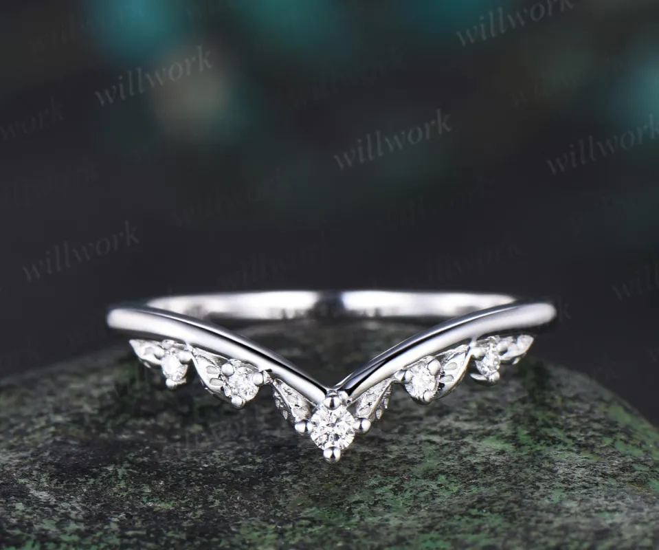Curved diamond wedding band solid 14k white gold leaf stacking moissanite wedding ring band women nature inspired band anniversary gift sold by Willwork Jewelry